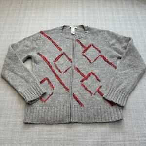 Vintage Jillian Jones Medium Lambswool Cardigan Gray Red Geometric Zip *‎